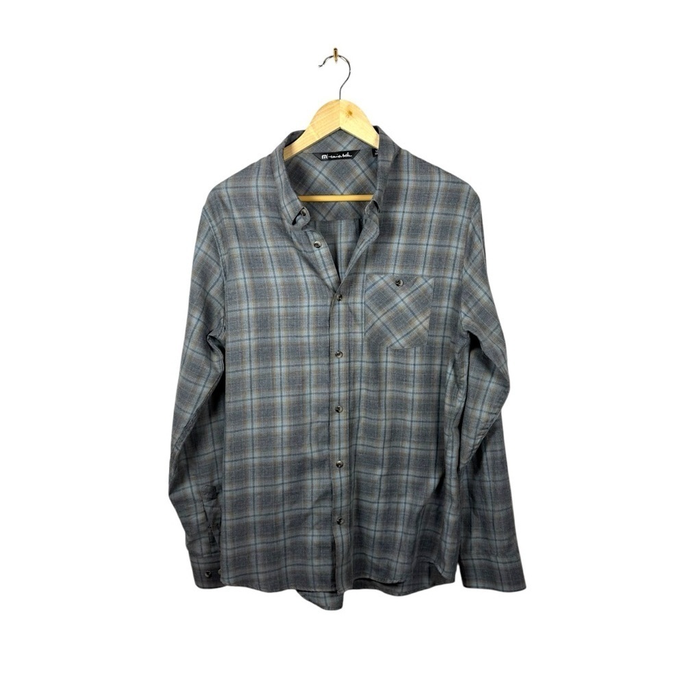 Travis Mathew Men’s Cloud Flannel Plaid Button Down in Grey/Blue/Brown Size M